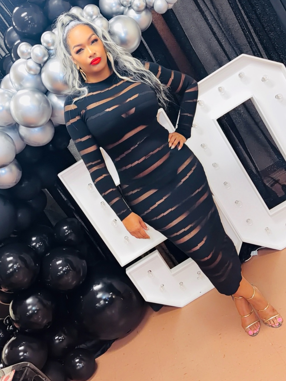 Black Sheer-Striped Long Sleeve Midi Dress